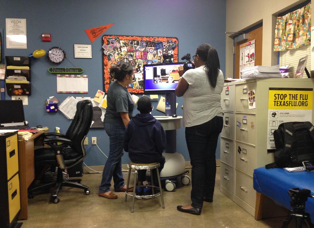 During the telemedicine visits, the school nurse acts as a patient presenter while the student speaks with the doctor or nurse practitioner at Children s via videoconference.