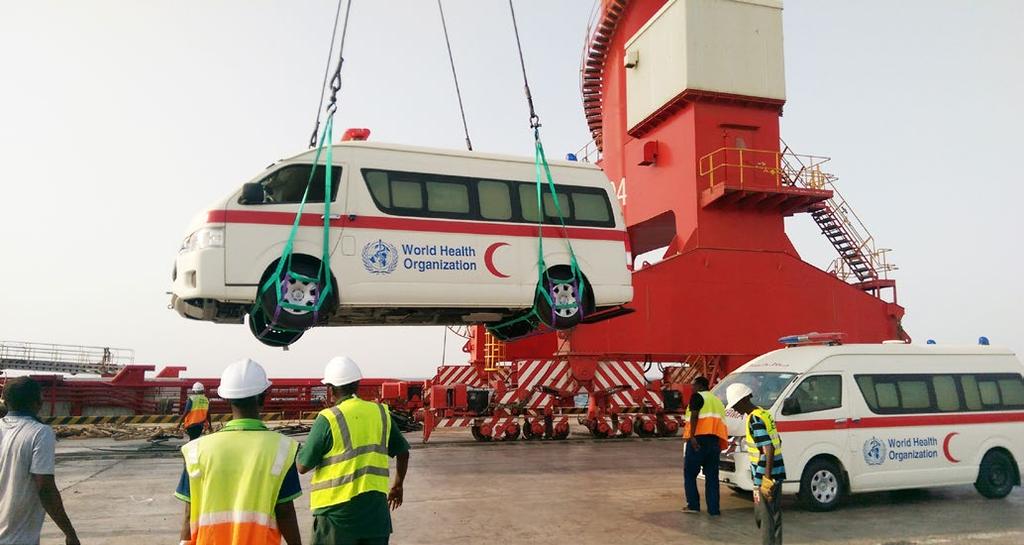 23 Providing the essentials to keep health facilities running In 2017, WHO delivered 40 fullyequipped ambulances to main hospitals in Yemen with the support of the UAE Red Crescent Credit: WHO In