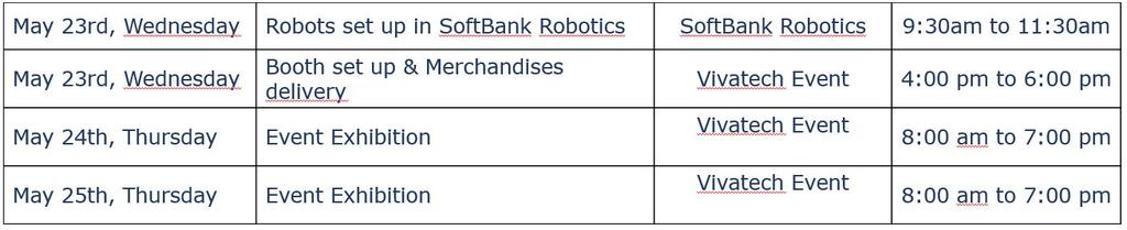 LOGISTICAL INFORMATION Calendar For the Pepper World Paris 2018 event: We will be waiting for you in the SoftBank Robotics Paris office on Wednesday 23rd May from 09:30 am for the preparation and
