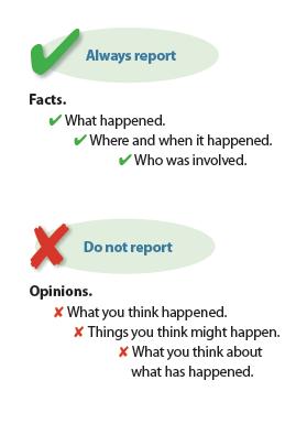 Making reports Whenever you report any information verbally or record it in writing, it is important to report facts, not opinions.