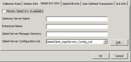 2. From the Edit ASP dialog box, select the Siebel Srvr Info tab. 3. Check the Monitor Siebel Srvr Availability box to enable SiebelClient's Siebel server availability monitoring functionality. 4.