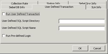 Setting the SiebelClient User Defined Transaction Parameters The User Defined Transaction tab on the SiebelClient agent's Edit ASP dialog box allows you to define the location and name of the XML