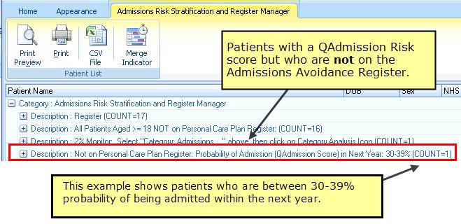 Reviewing the Admissions Risk Stratification and Register Manager Report After running the Admission Risk Stratification and Register Manager report, you will see a list of stratified patients with a