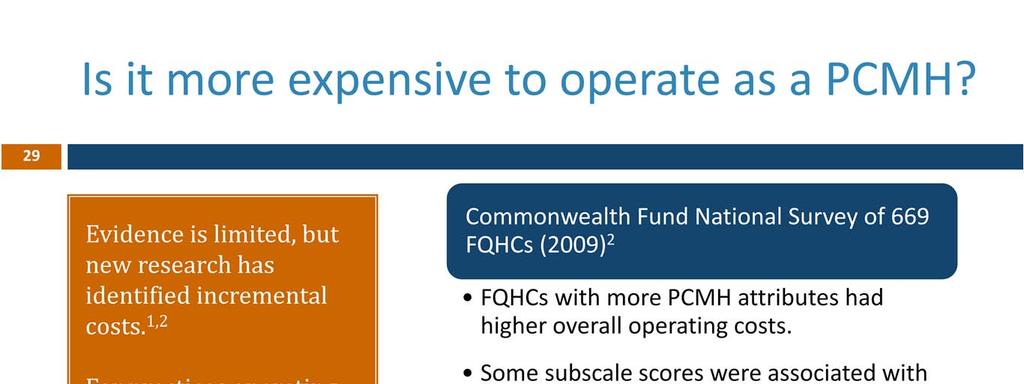 Data from 2009 Commonwealth Fund National Survey of Federally Qualified Health Centers suggest that operating as a PCMH is more expensive.