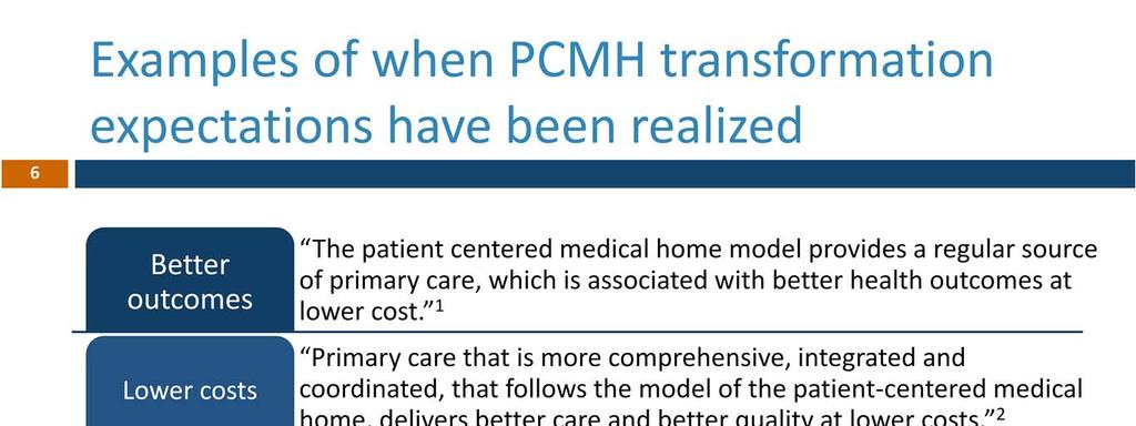 How does PCMH provide value to stakeholders? Care delivered to patients in a medical home has been shown to improve patient outcomes and population health.