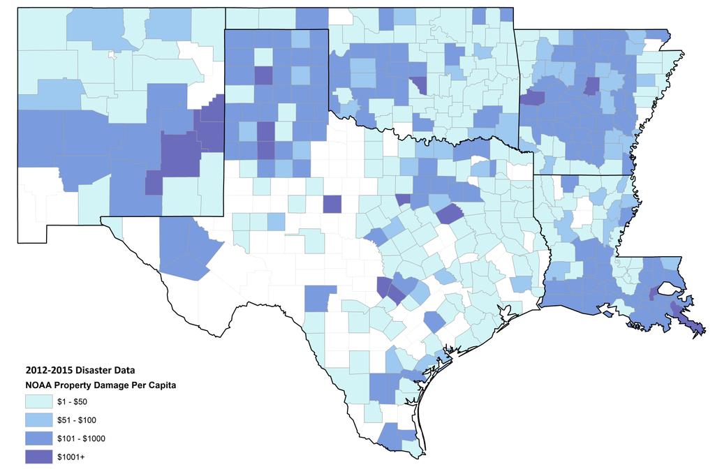 NOAA Property Damage Per Capita Examining the monetary loss of property damage per person can help show where disasters had the most economic impact when accounting for asset density of urban and