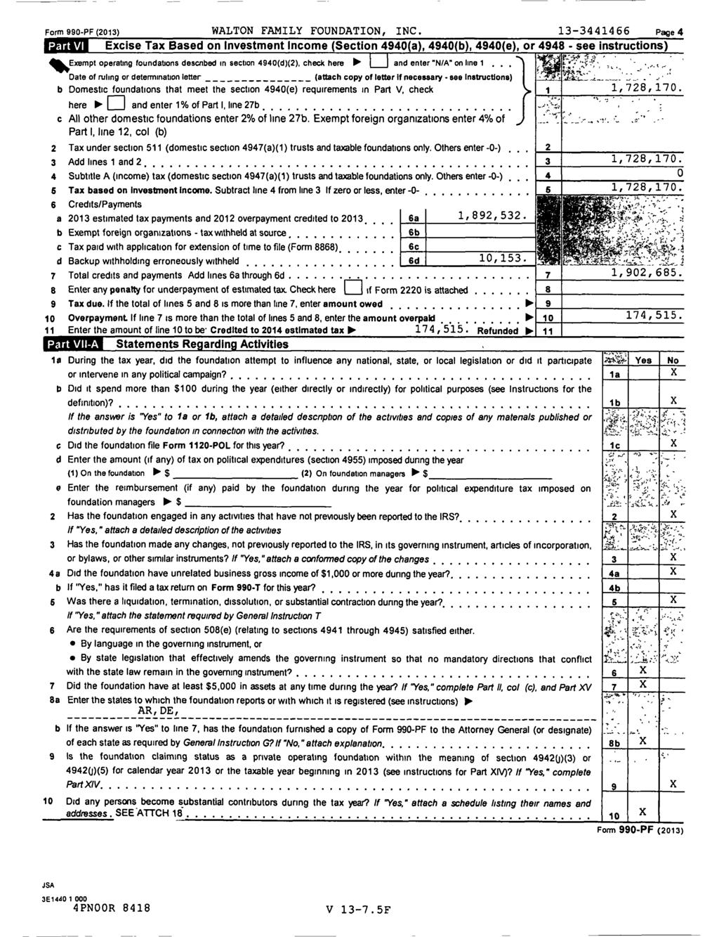 Form 990 -PF (2013 ) WALTON FAMILY FOUNDATION, INC.
