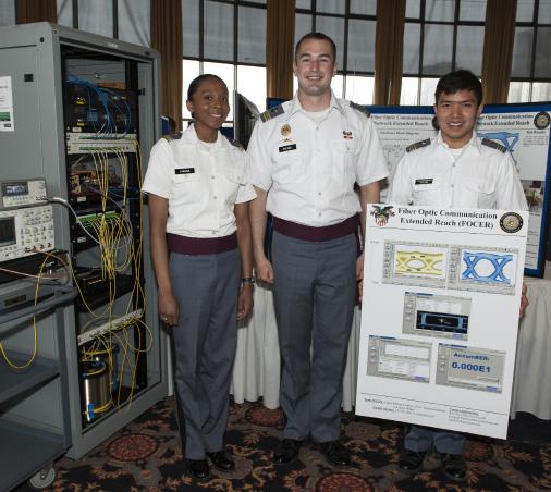 From left to right: Cadets during the Academy s Projects Day, demonstrating their research through the CRC in fiber optic communications; the CRC s Cyber Defense Exercise cadets decide how to defend