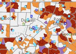 Orange represents census tracts with 20% or more of population below poverty level and purple