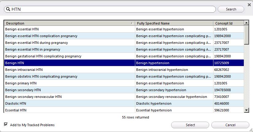 the SNOMED Search window Free text Term,
