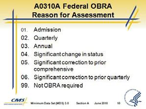 Is this assessment the first assessment (OBRA, PPS, or Discharge) since the most recent entry of any kind? F. Entry/ discharge reporting D. A0310A Federal OBRA Reason for Assessment 1.