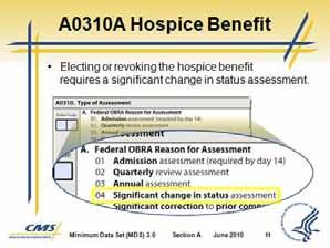 Section A Identification Information 4. An option to indicate that this assessment does not meet these requirements is provided (code 99). Slide 11 Slide 12 E. A0310A Hospice Benefit 1.