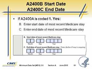 Minimum Data Set (MDS) 3.0 Code 1. Yes If the resident has had a Medicare Part A-covered stay since the most recent entry. Continue to A2400B.