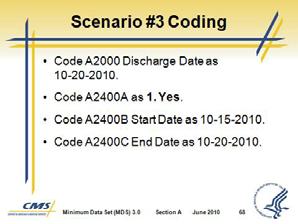 Code A2400C End Date as 10-20-2010. V. Section A Summary Slide 69 Slide 70 A. Section A 1. Section A helps set the parameters for completing the MDS 3.0. a. Define the requirements for completing the assessment b.