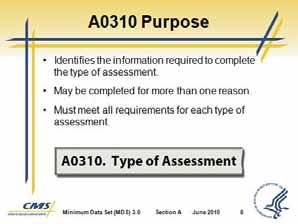 Section A Identification Information III. Items A0310 and A0410 Type of Assessment and Submission Requirement A. Items A0310 and A0410 document the type of assessment being conducted. Slide 7 Slide 8.