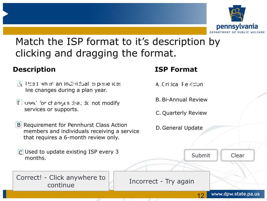 Match the ISP format to it s description by clicking
