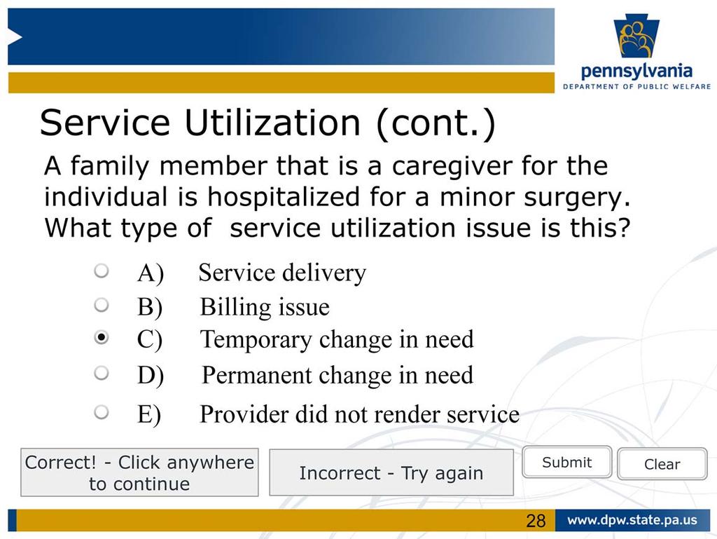 Question A family member that is a caregiver for the individual is hospitalized for a minor
