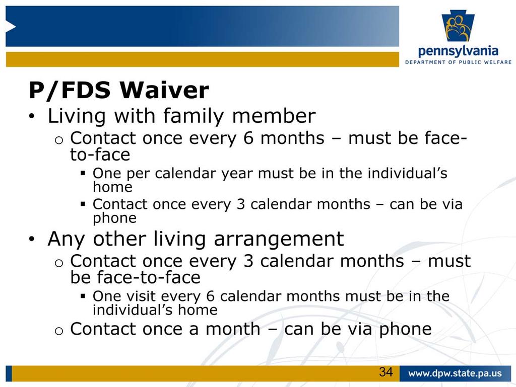 Monitoring frequency for individual s enrolled in the P/FDS waiver is dependent upon whether the individual lives with a family member or not.