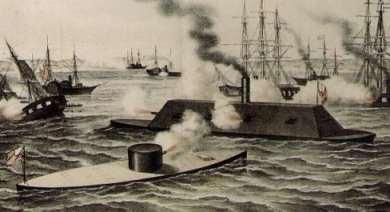 BATTLE OF IRONCLADS- MONITOR AND MERRIMACK Ironclad- war ship made of iron.