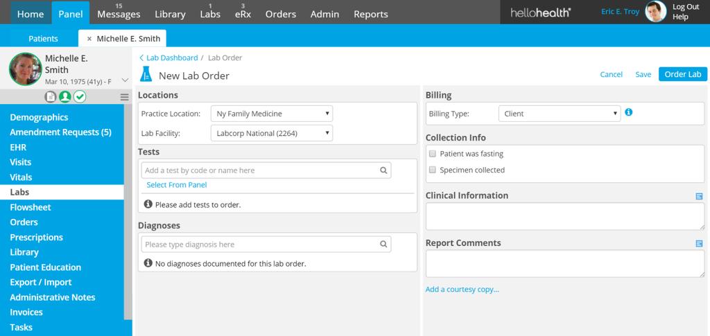 Labs Continued When a lab order is created in Hello Health a lab requisition is then produced.