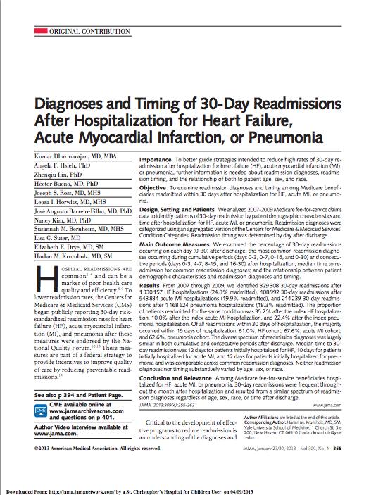 Center for Outcomes Research and Evaluation, Yale-New Haven Hospital Diagnose and Timing of 30-Day Readmissions After Hospitalization for Heart Failure, Acute Myocardial Infarction, or Pneumonia From