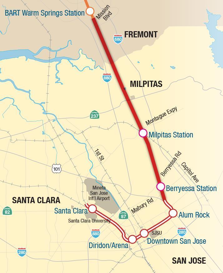 Approved California Environmental Quality Act (CEQA) Project Berryessa Extension Project 10-mile extension under construction Two stations: (Milpitas and Berryessa) Forecast opening: Fall 2017