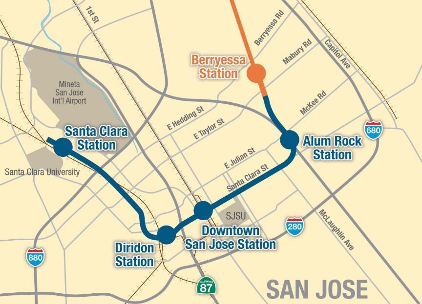 Build Alternative: Phase II Extension Project 6-mile extension 4 Stations Alum Rock (underground) Downtown San Jose