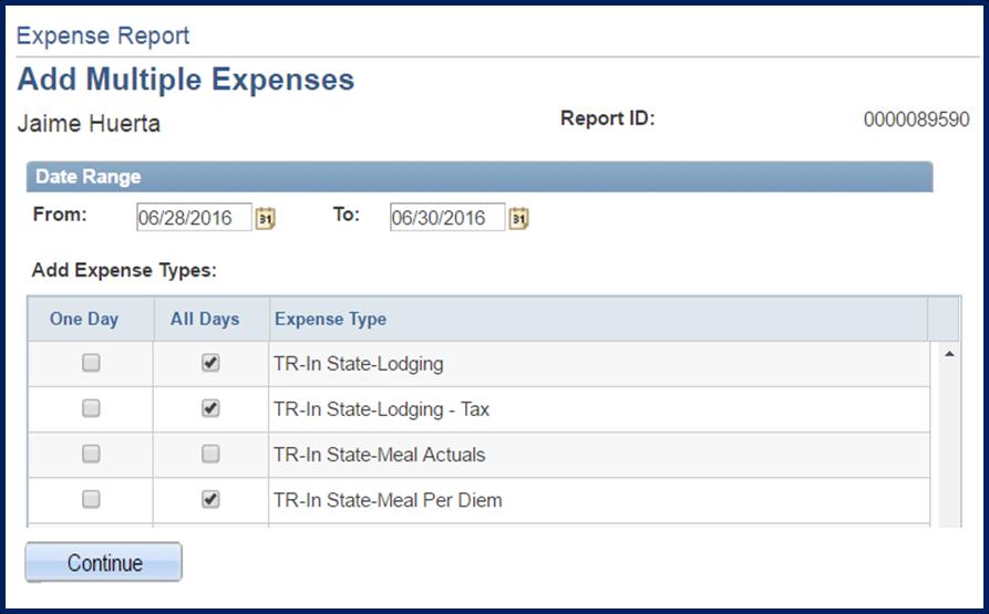 Identify possible Expense Types to duplicate to multiple travel dates 3.