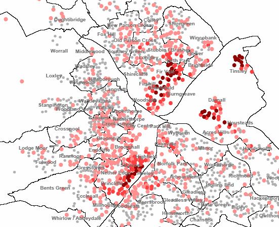 Ethnic composition, Sheffield residents 2001 not declaring themselves to be White British Spatial