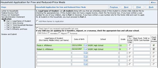 6. Select the Check if NO Income box for any student in your household who does not have an income. 7. Click Next.