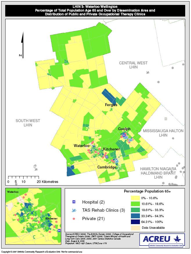Map 3: Distribution of privately and publicly funded community occupational therapy clinics and the distribution of