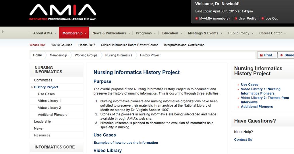 Nursing Informatics History Project http://www.amia.