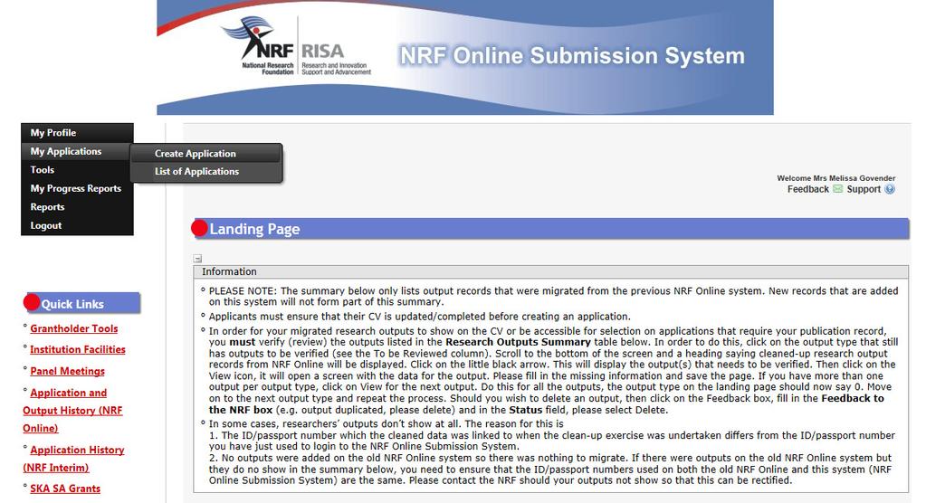 Step 2: Once you have logged onto the NRF Online Submission System, you will get to the landing page where you will find a menu at the
