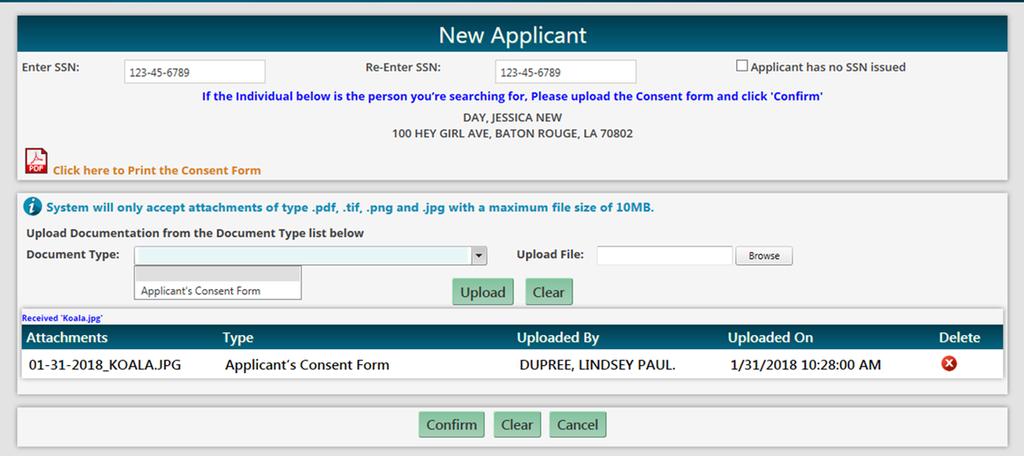 Adding a New Hire with an Existing CCCBC Determination After providing the SSN, the provider must download a consent form for the applicant to sign.