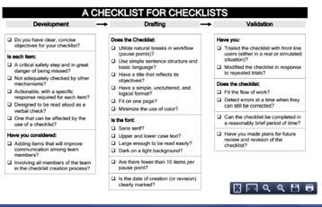 Atul Gawande, MD Checklist for Checklist Development Development Capture critical safety steps with needed actions Foster communication between stakeholders Drafting Used during breaks in workflow