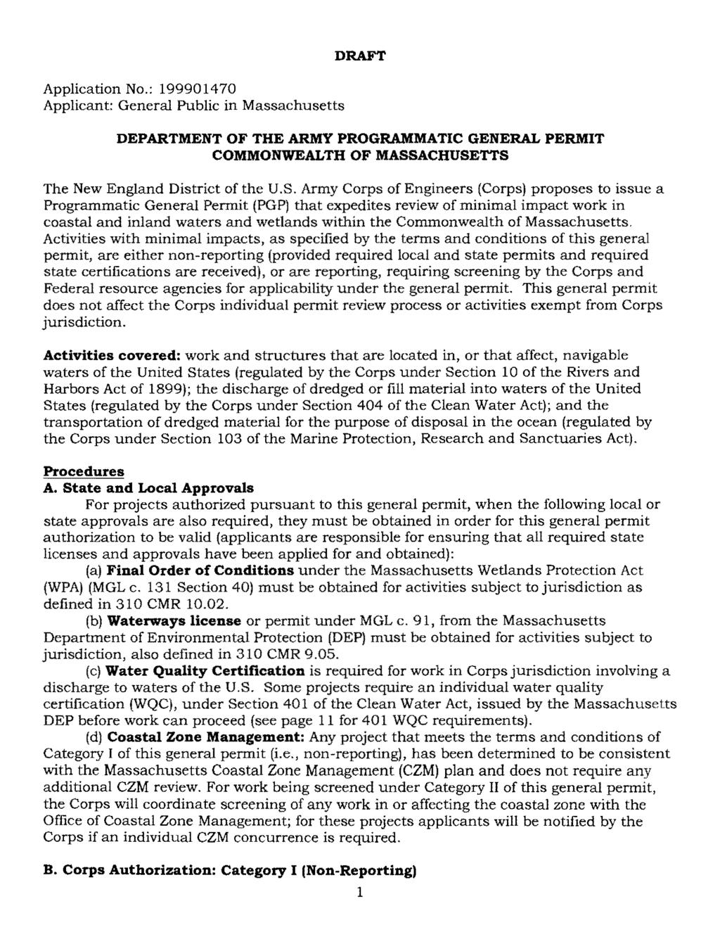 Application No.: 199901470 Applicant: General Public in Massachusetts DRAFT DEPARTMENT OF THE ARMY PROGRAMMATIC GENERAL PERMIT COMMONWEALTH OF MASS