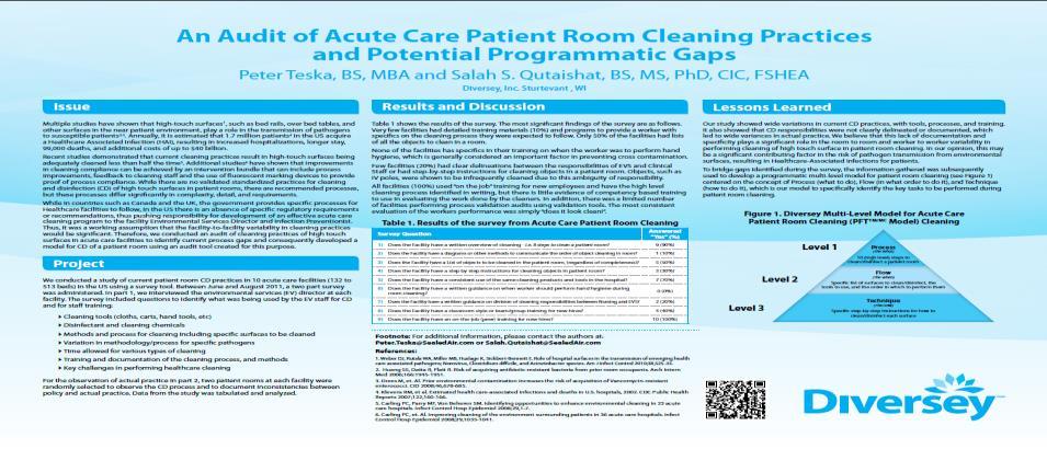 Diversey research on acute care cleaning identified gaps Diversey studied acute care cleaning programs in the US in an attempt to identify specific programmatic gaps.