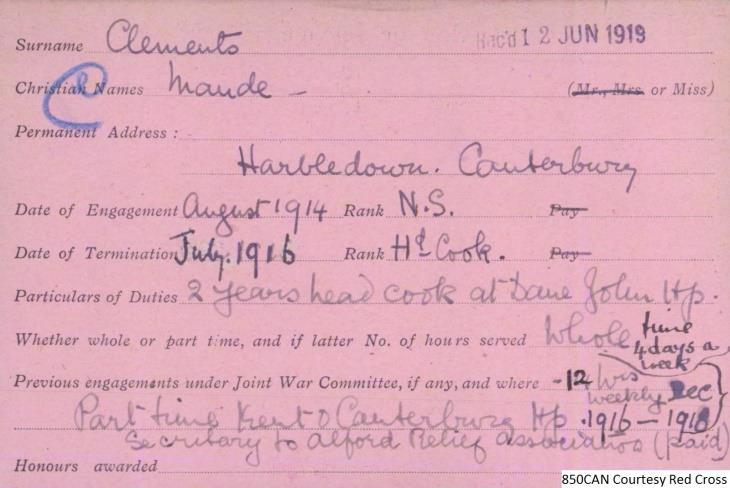 Miss Maude Clements of Harbledown served for 2 years as a head cook at Dane John Hospital in Canterbury.