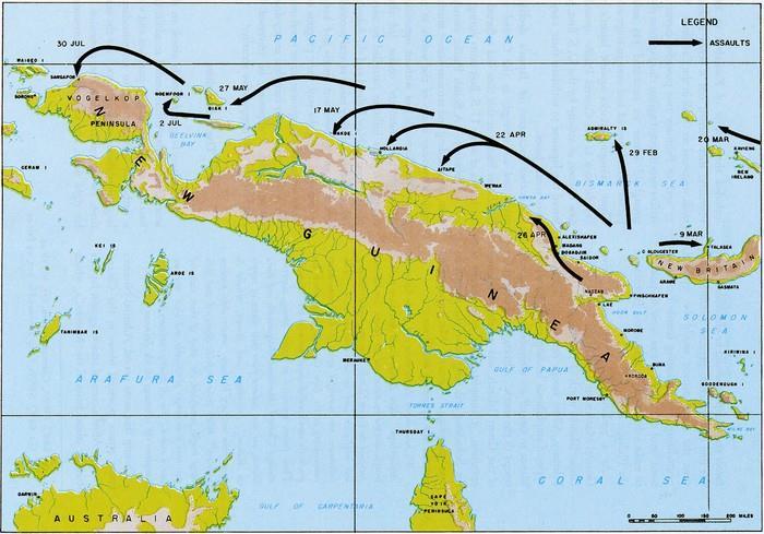 MAP: Westward Drive Along New Guinea, Reports of General MacArthur, 1950. In January 1944, Australian minesweepers uncovered a Japanese trunk in the New Guinea village of Sio.
