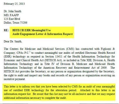 Medicare Audit Process Figliozzi and Co will send initial request letter Letter will be sent electronically from CMS email to email in provider s EHR registration Follow-up by phone and