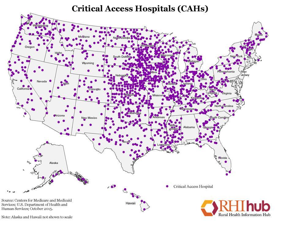 Critical Access Hospitals Must have 25 or fewer acute care inpatient beds Located more than 35 miles from another hospital Maintain an average LOS of 96 hours or less for acute patients Must provide