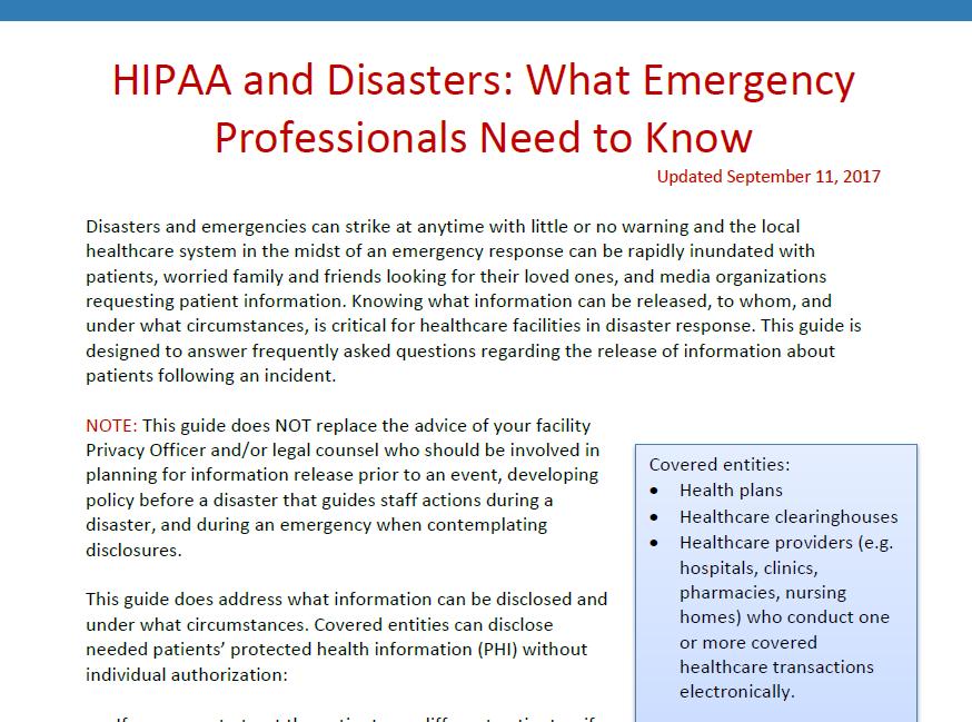 Management TC HIPAA and Disasters: What Emergency Professionals Need to Know Hospital Pharmacy