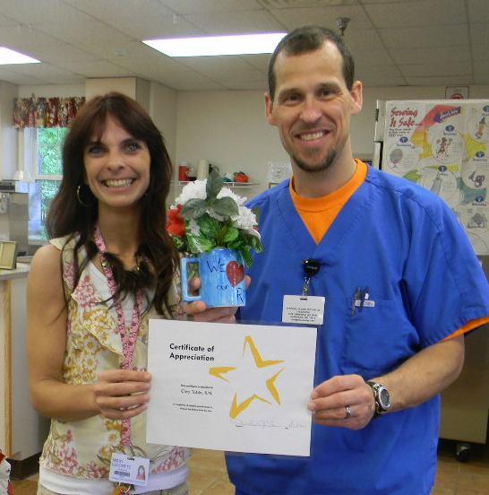 Pleasant Thoughts Page 6 Love our Nurses Training Pays Off Left: Clay Tobin, RN, Director, is shown with Missy LeCompte, Activity