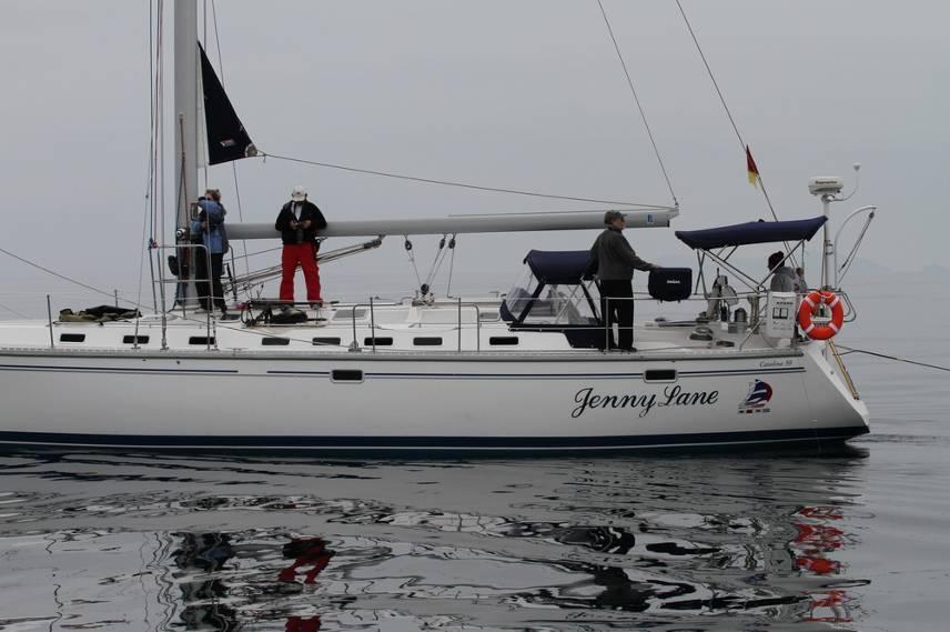 Figure 2. Sailboat Jenny Lane charterd for Leg 2 of the SOCAL-11 BRS with towed PAM operated by SWFSC.