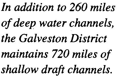 In addition to 260 miles of deep water channels, the Galveston District maintains 720 miles of shallow draft channels.