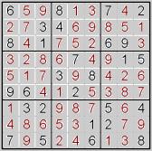 Every 3 by 3 subsection of the 9 by 9 square must include all digits 1 through 9.