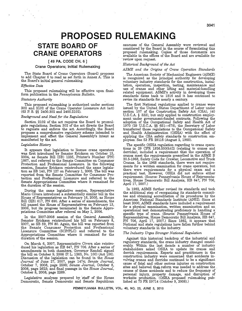 PROPOSED RULEMAKiNG STATE BOARD OF CRANE OPERATORS [ 49 PA. CODE CH.