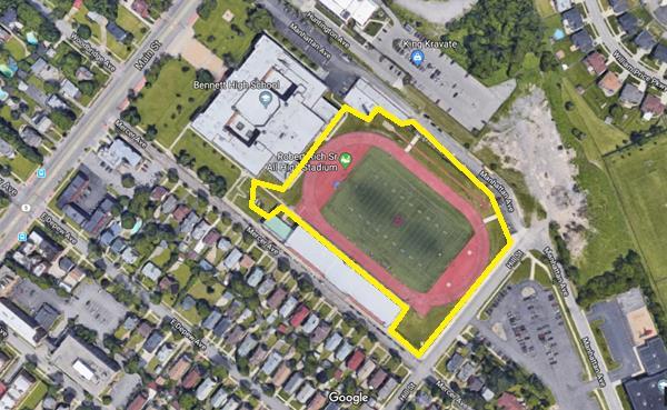 11.) All High Stadium: Located to the rear of Public school 363 Lewis J. Bennett School of Innovative Technology at 2885 Main St. Buffalo, New York.