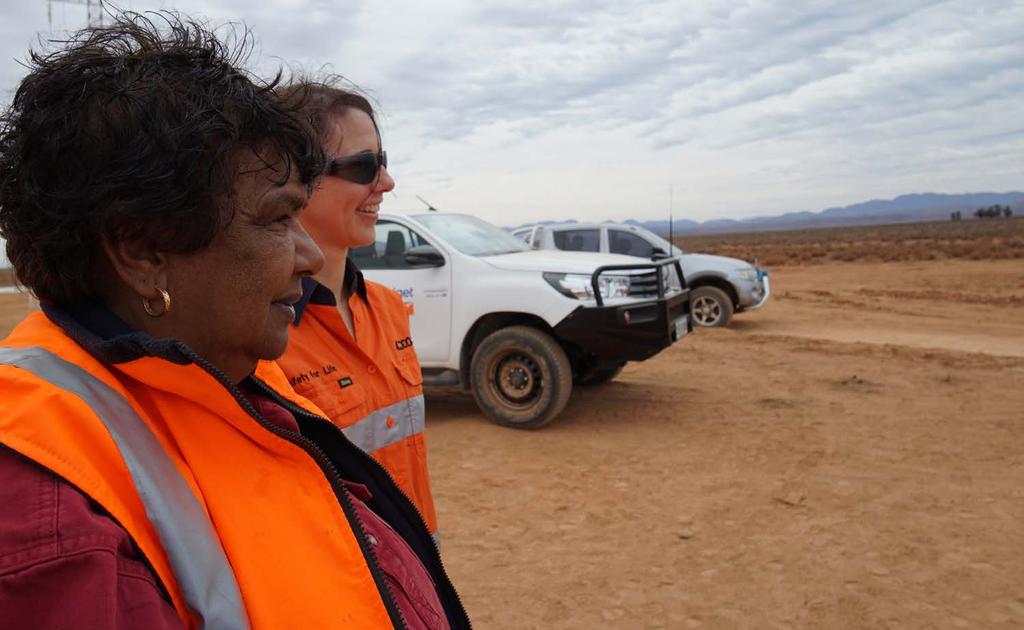 Deidre McKenzie, Chairperson of the Viliwarinha Yura Aboriginal Corporation and Heritage Monitor with Melinda Morris, Hydrogeologist from AECOM, during fieldwork Aboriginal Economic and Cultural