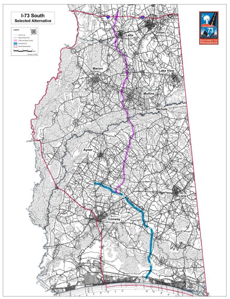 ADDENDUM 8 Map 2 Map 2 - Overall Location Map showing the selected alternative for I-73 from I-95 to the Myrtle Beach Area existing SC 22 is